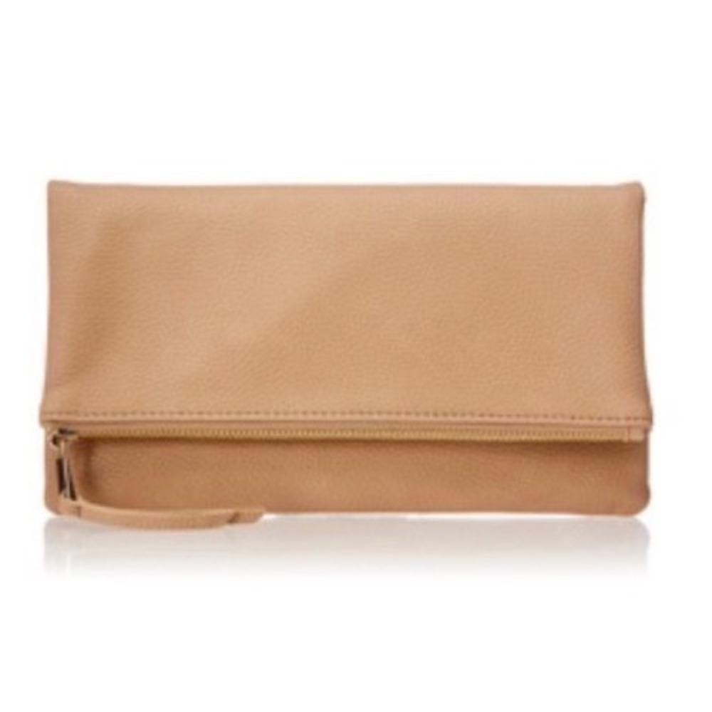 The Drop Avalon Small Fold-Over Clutch‎ Taupe Pebbled Faux Leather Handbag NEW